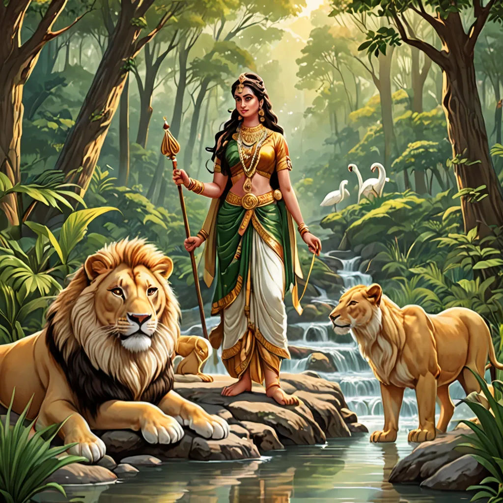 a painting of a woman with a staff and two lions in a forest with a stream running through it, Ella Guru, fantasy art, a storybook illustration, official art