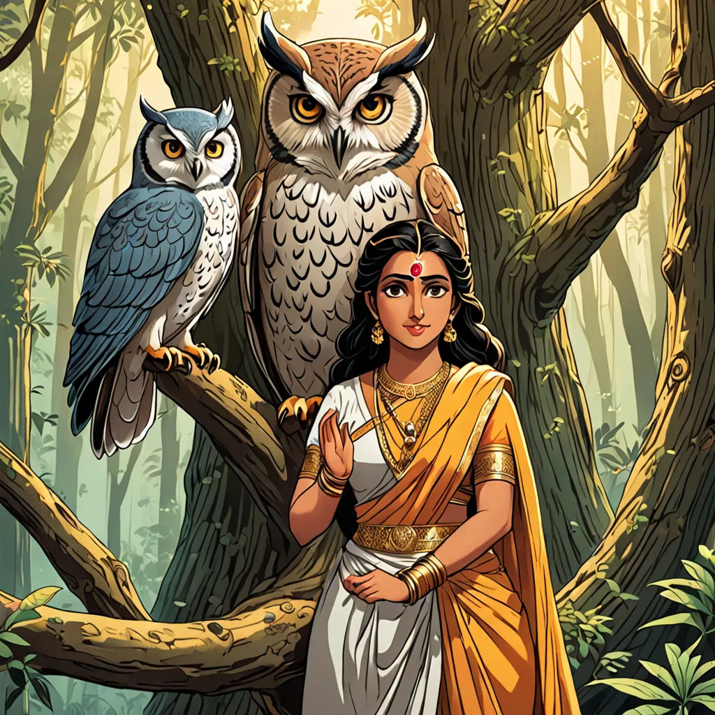 a woman standing in front of an owl on a tree branch with a bird perched on her shoulder and another owl perched on her shoulder, Ella Guru, bengal school of art, a storybook illustration, comic cover art