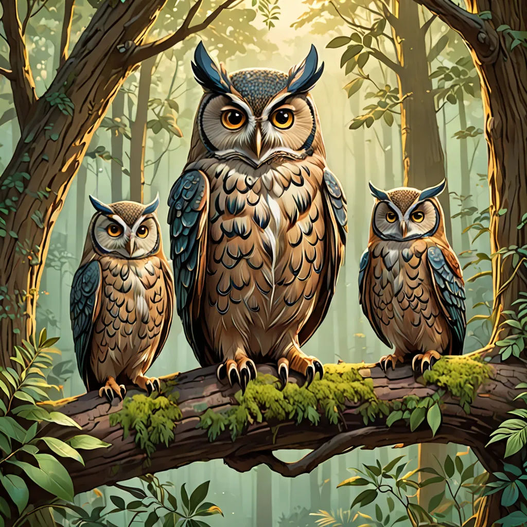 three owls sitting on a branch in a forest with sunlight shining through the trees and leaves on the ground, Dan Mumford, fantasy art, a storybook illustration, highly detailed digital painting