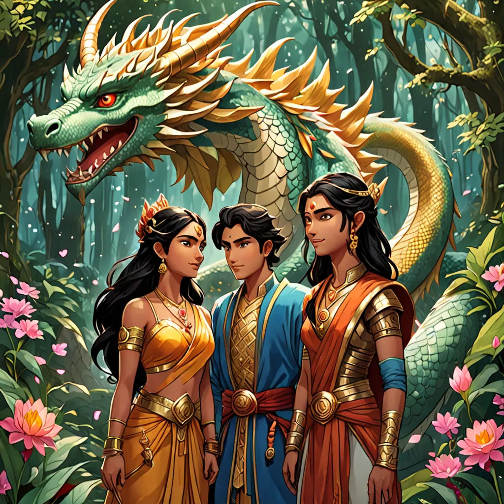 a painting of two women and a dragon in a forest with flowers and flowers around them, with a green dragon in the background, Altoon Sultan, samikshavad, a storybook illustration, comic cover art