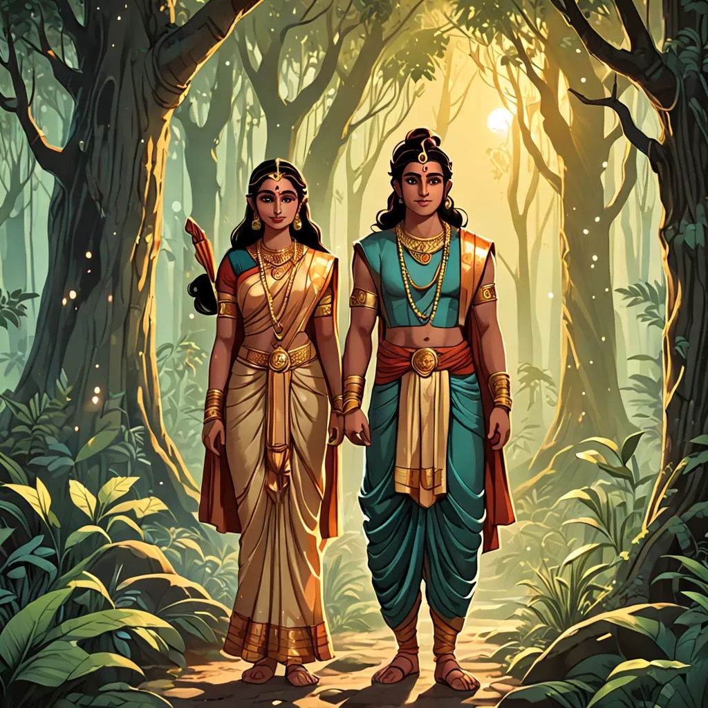 a painting of two people standing in a forest with trees and plants on either side of them, one of them is wearing a blue and the other is wearing a gold, Bholekar Srihari, samikshavad, a storybook illustration, official art