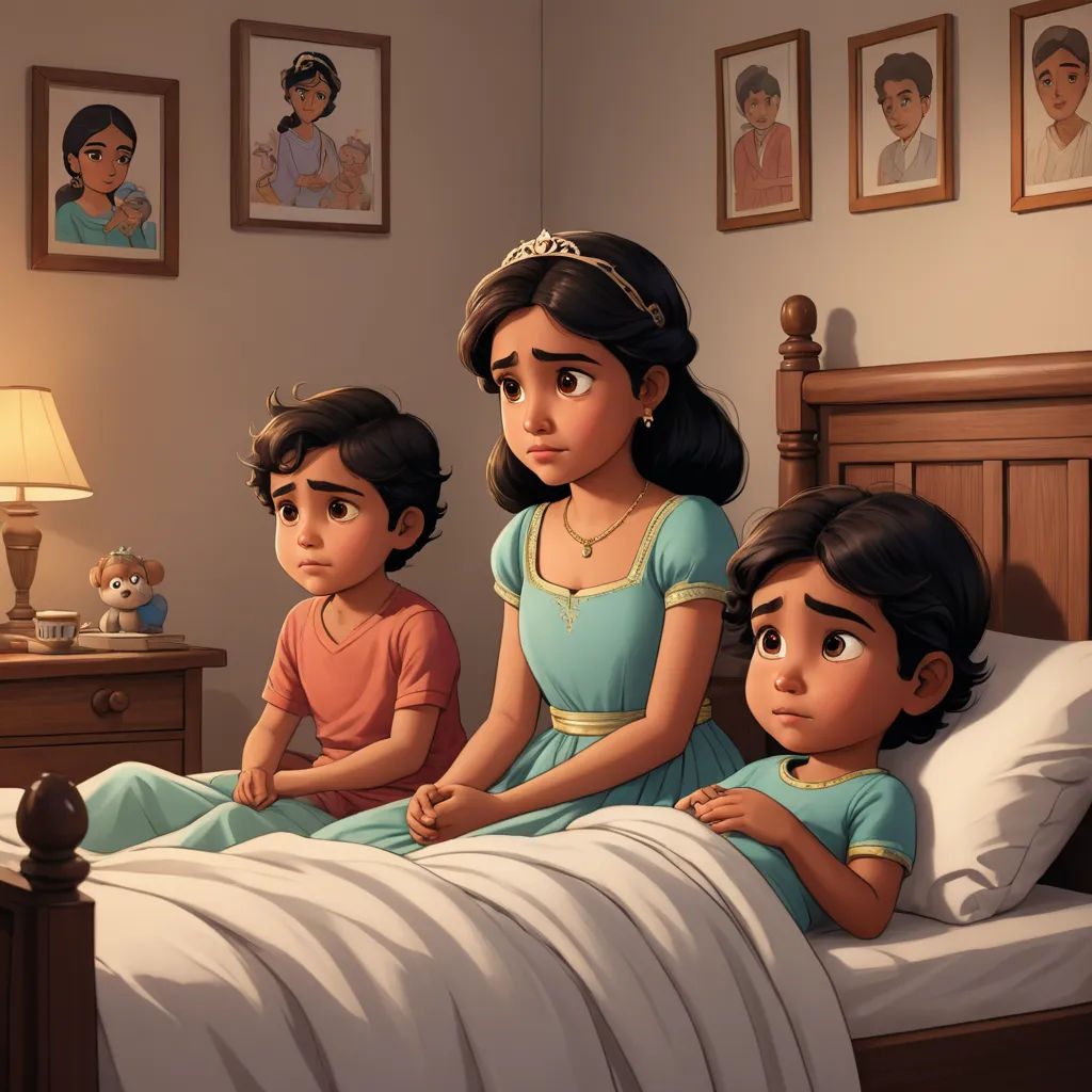 a painting of a family sitting on a bed together in a bedroom with pictures on the wall above them, sots art, a storybook illustration, disney, storybook illustration
