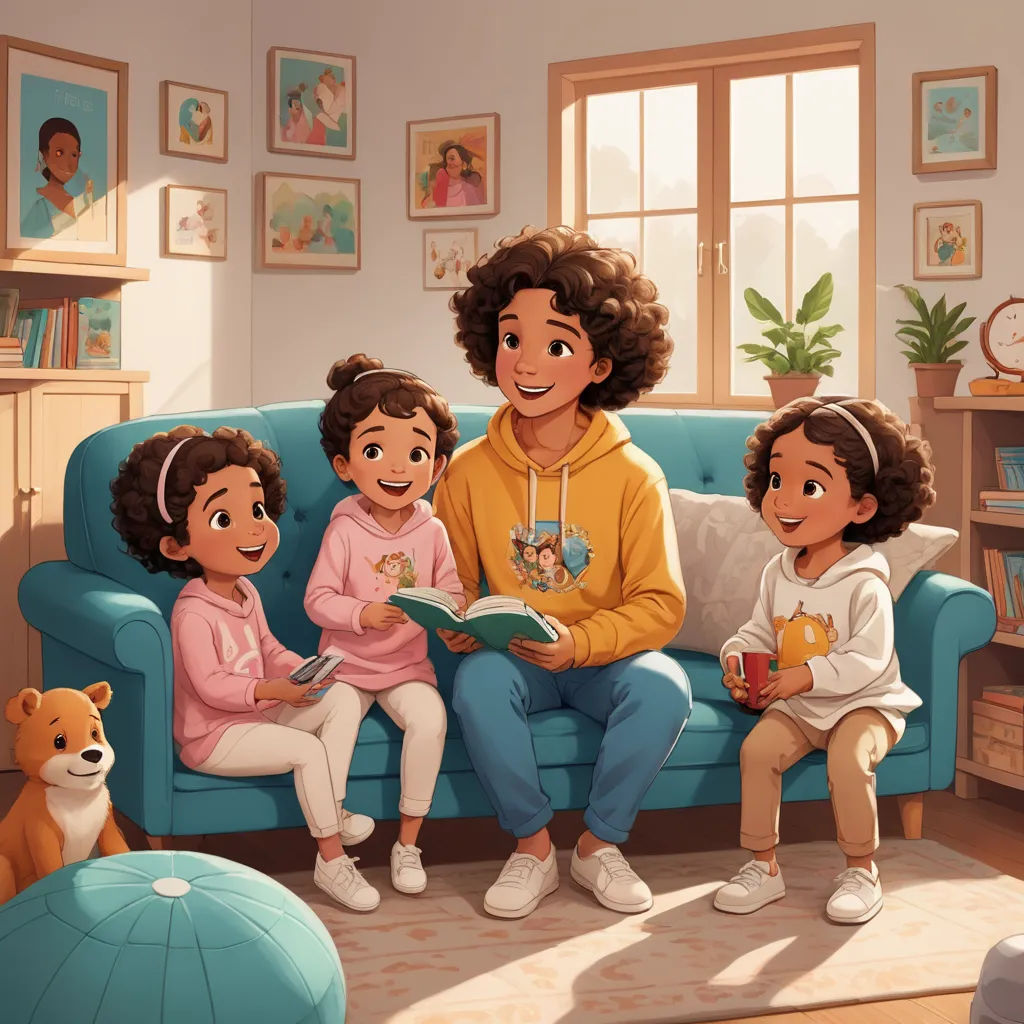 a woman sitting on a couch with two children and a dog in a living room with a blue couch, dau-al-set, a storybook illustration, Chris LaBrooy, official art
