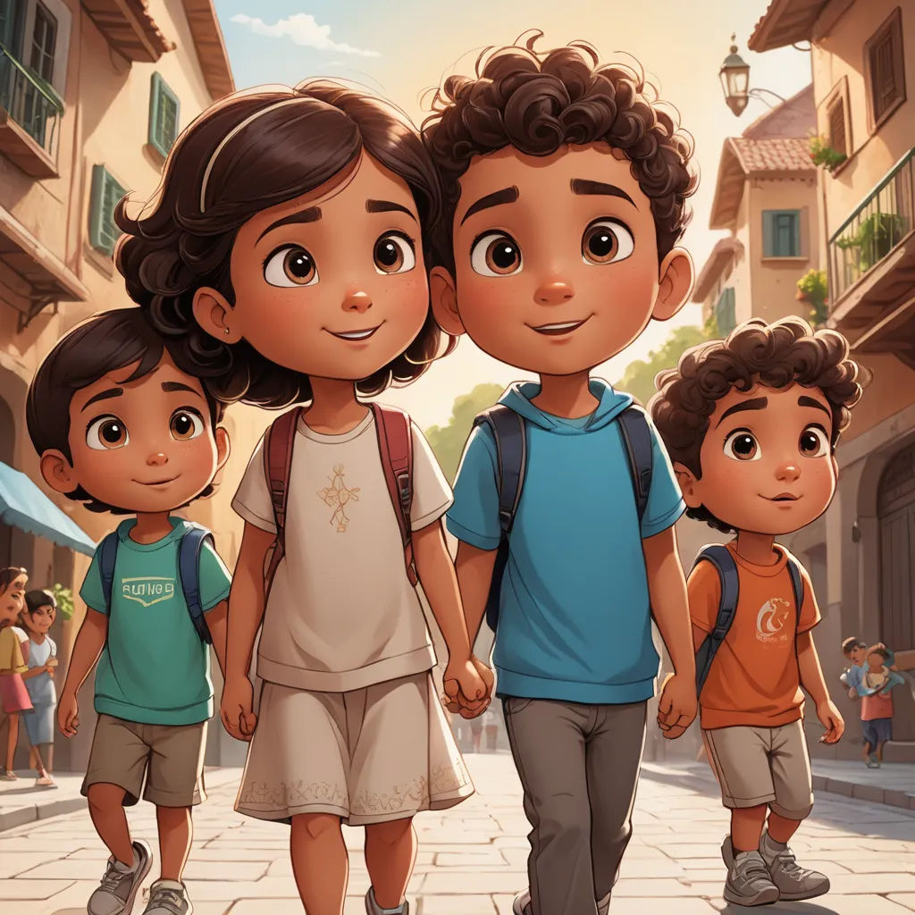 a group of children walking down a street next to a building with a clock on it's side, sots art, a poster, disney, key art