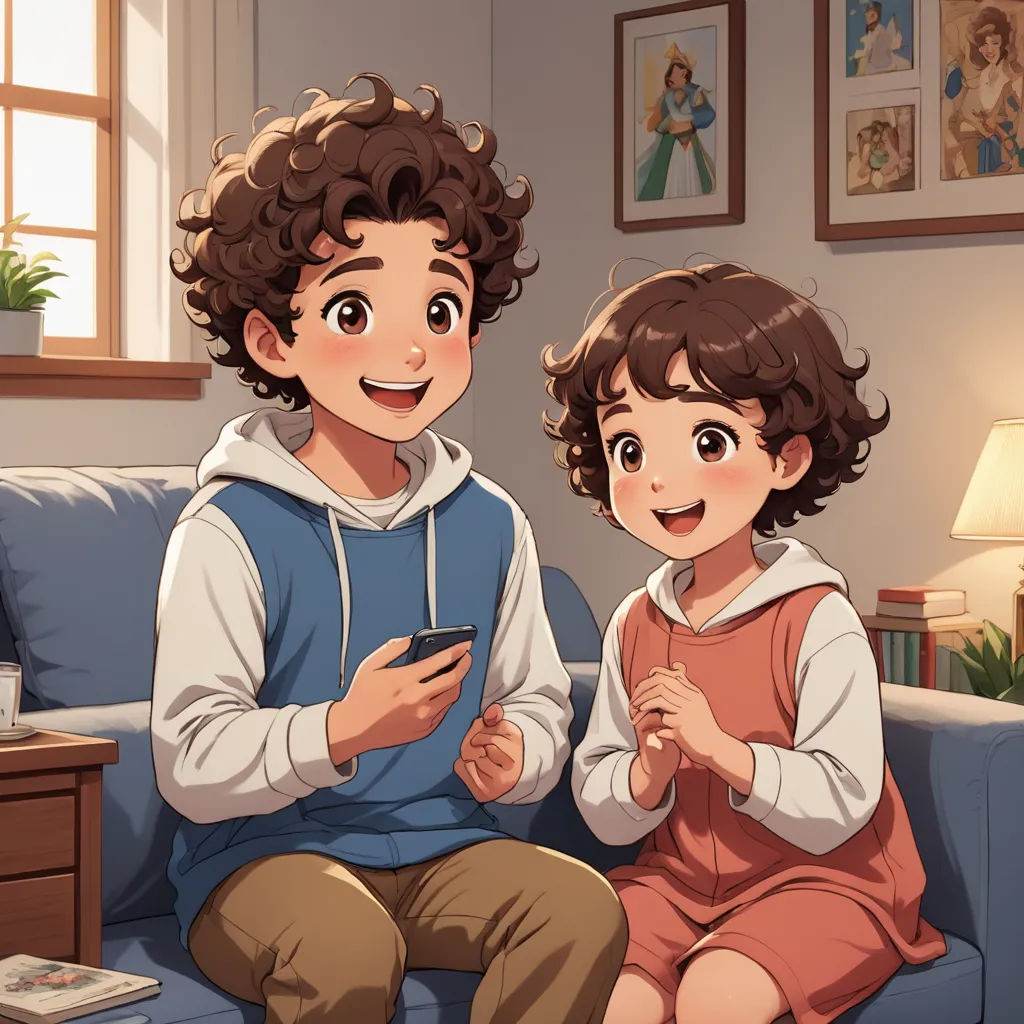 a boy and a girl sitting on a couch looking at a cell phone together, with a lamp in the background, sots art, a storybook illustration, Dan Content, official art