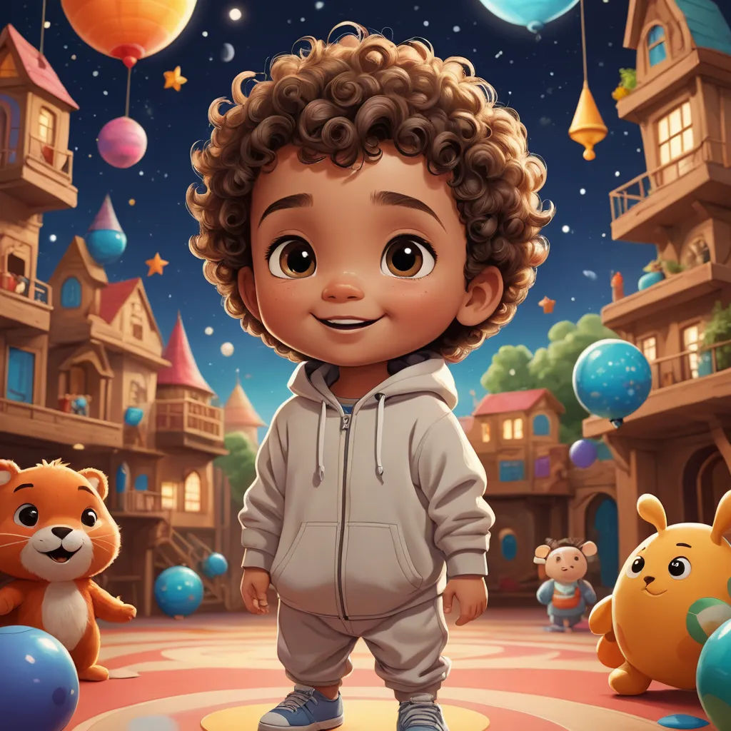 a cartoon character standing in front of a bunch of balloons and teddy bears in a city with buildings and stars, space art, a storybook illustration, Chris LaBrooy, key art