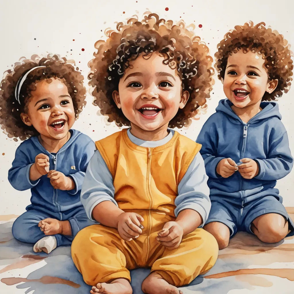a painting of three babies sitting on the ground smiling and laughing together, with a white background behind them, lyco art, an ultrafine detailed painting, Caroline Lucy Scott, highly detailed digital painting