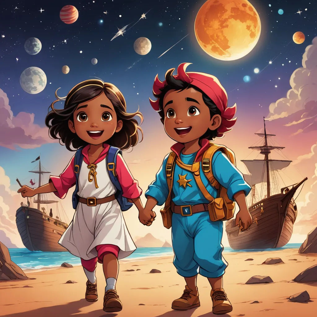 a couple of kids walking across a beach next to a ship and moon filled sky with stars and planets, space art, a storybook illustration, Felix-Kelly, promotional image