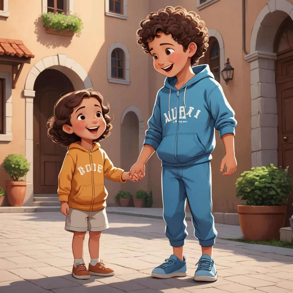a boy and a girl holding hands in front of a building with a potted plant on the side, serial art, a storybook illustration, Alejandro Burdisio, storybook illustration