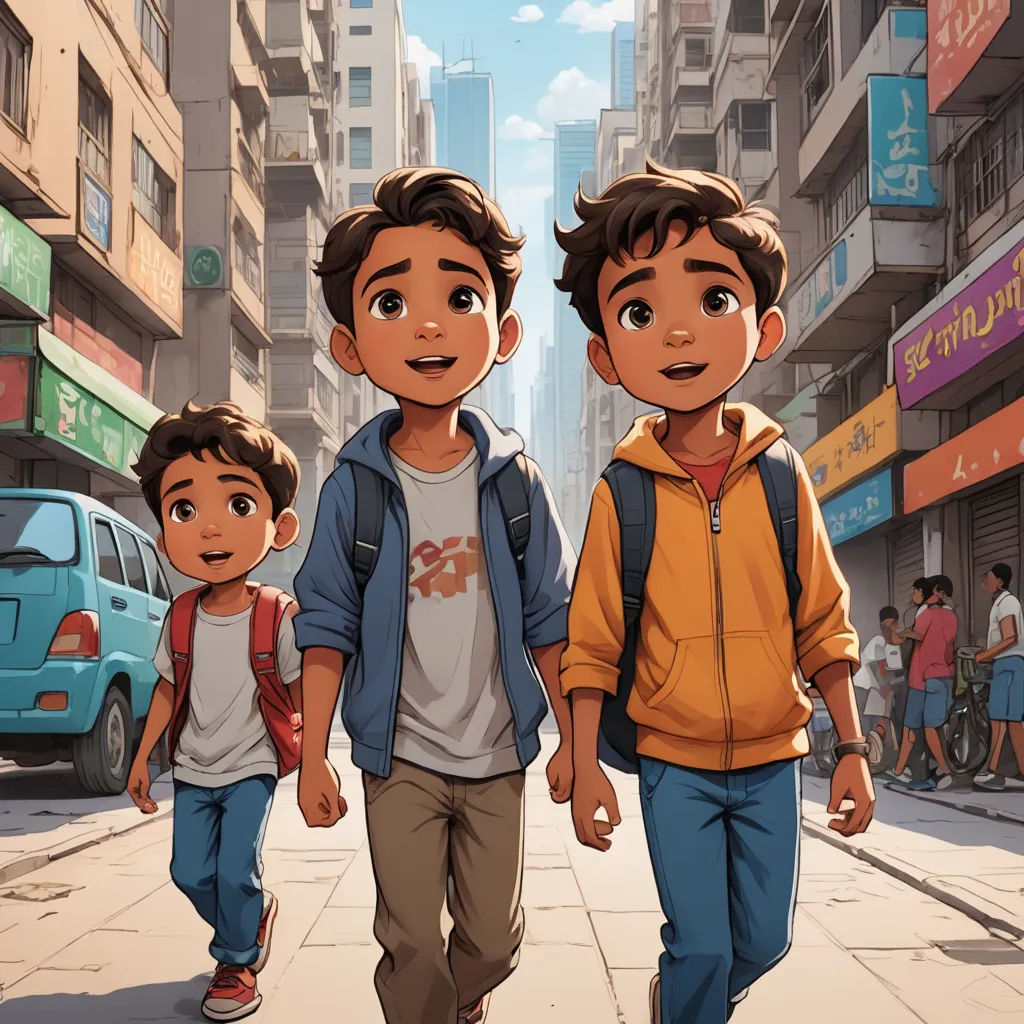a couple of kids walking down a street next to a tall building with a sky background and a blue car, hurufiyya, a comic book panel, disney, official art