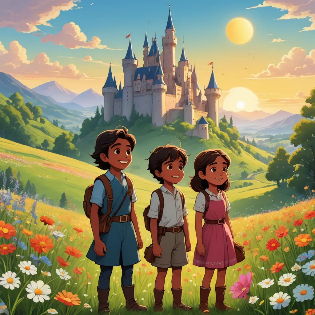 a cartoon of a couple of kids standing in front of a castle with a castle in the background and flowers in the foreground, sots art, a storybook illustration, disney, official art