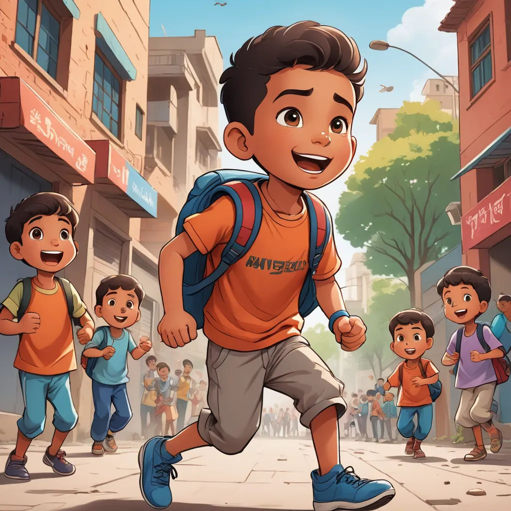 a boy is running in the street with other children behind him and a backpack on his back, and a backpack on his shoulder, samikshavad, a storybook illustration, Alejandro Burdisio, official art