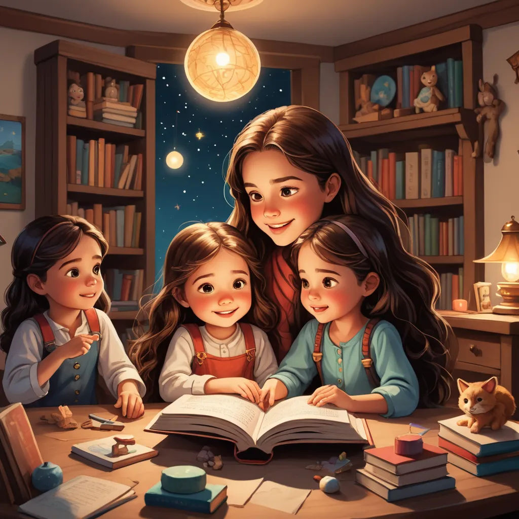 a painting of a family reading a book together at a table with a cat and a lamp above it, fantasy art, a storybook illustration, Artgerm, storybook illustration