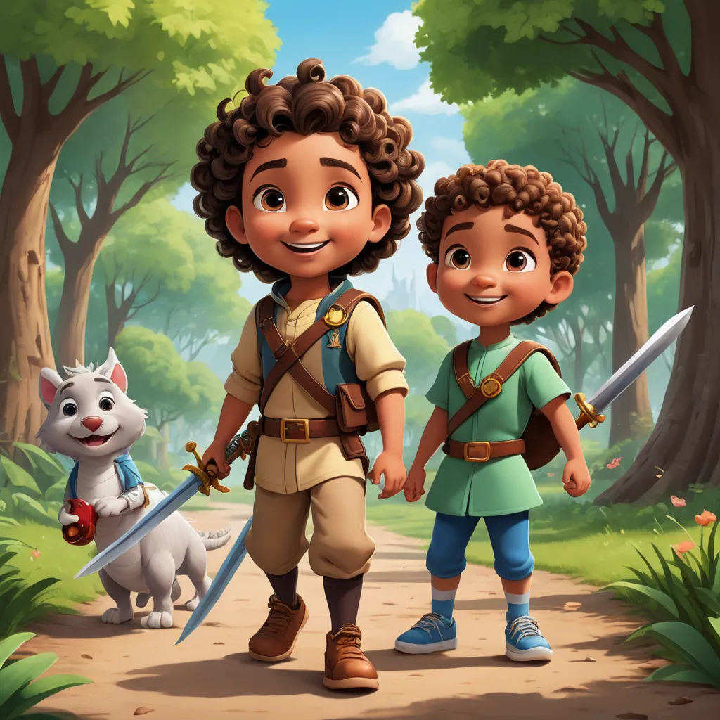 a boy and a girl are walking in the woods with a dog and a cat behind them, holding hands, sots art, concept art, Altoon Sultan, promotional image
