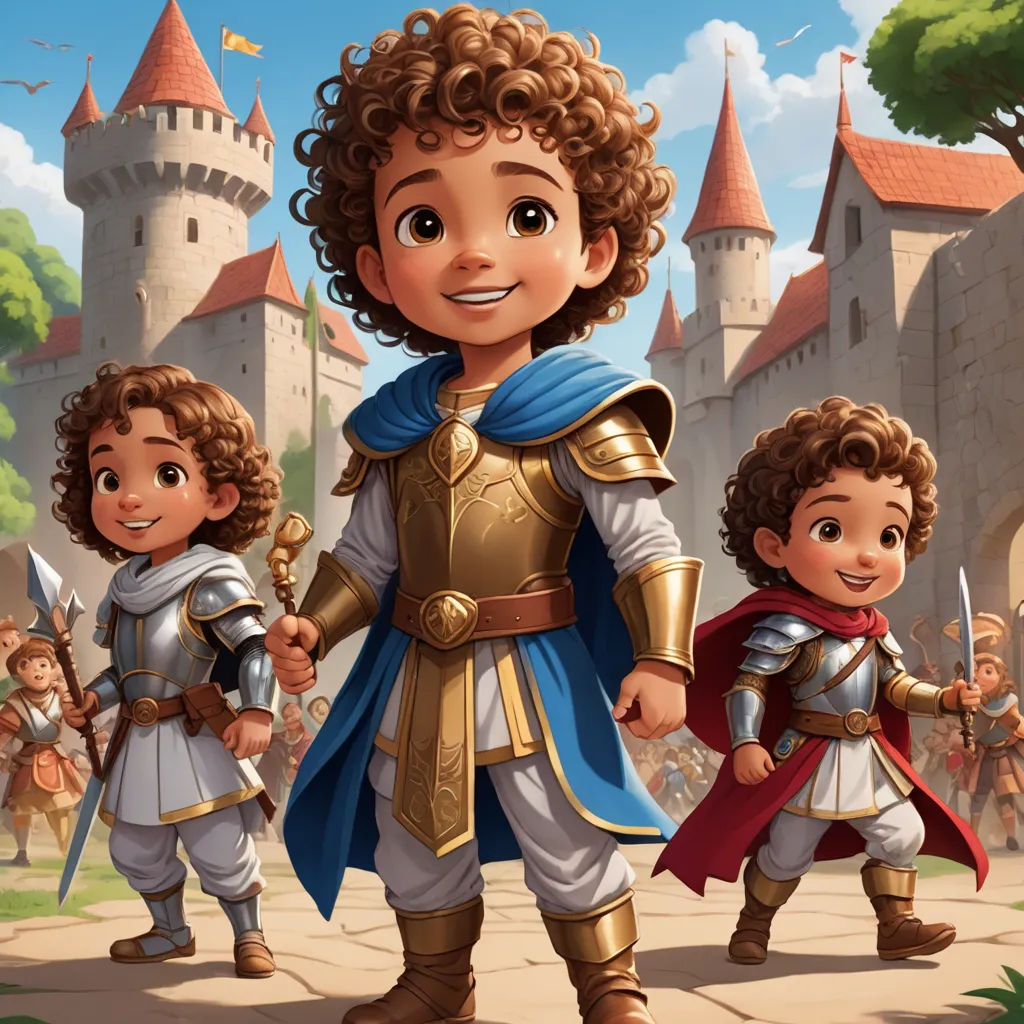 a cartoon of a boy and a girl in front of a castle with a knight on the other side, sots art, concept art, Chris LaBrooy, character sheet