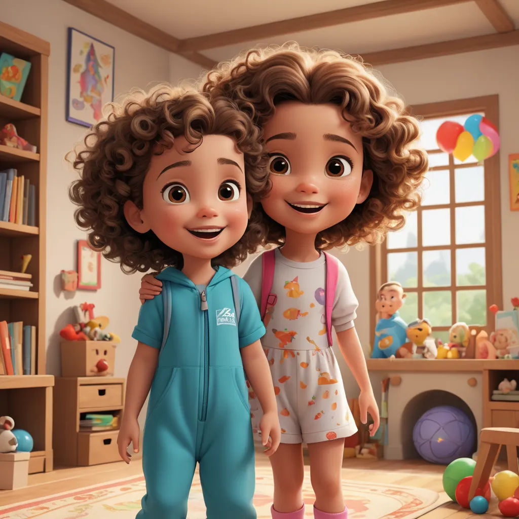 a couple of kids standing next to each other in a room with toys on the floor and a rug, photorealism, concept art, Felix-Kelly, pixar and disney animation