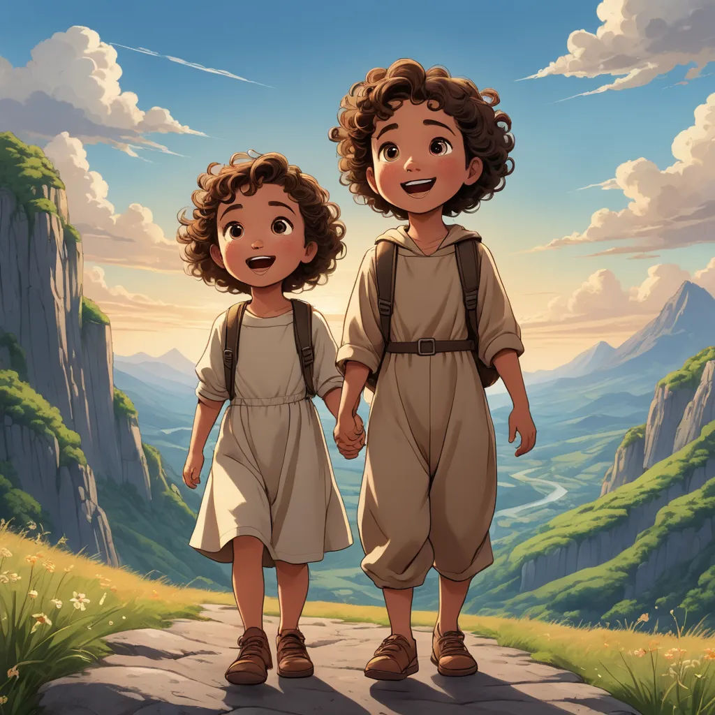 two children walking down a path in the mountains with a sky background and clouds above them, with a mountain in the background, serial art, a detailed matte painting, Brothers Hildebrandt, official art