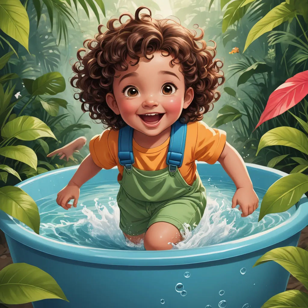 a cartoon boy in a blue tub in the jungle with leaves and plants around him, smiling and jumping, photorealism, a storybook illustration, Diego Gisbert Llorens, highly detailed digital painting