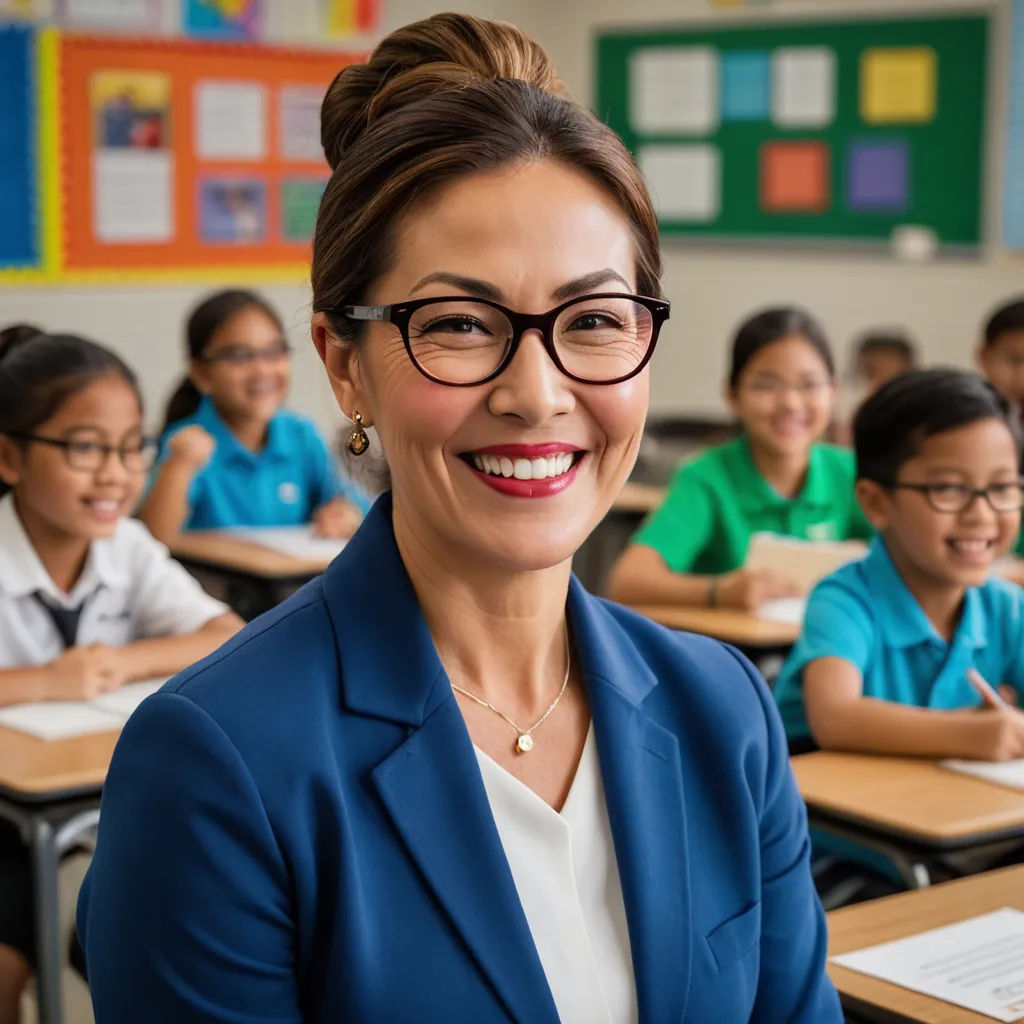 a woman in a blue jacket and glasses smiling in front of a classroom of children with their hands on their hips, vancouver school, a stock photo, Basuki Abdullah, promotional image