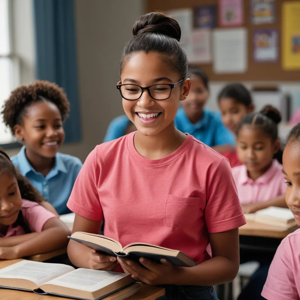a girl smiles while reading a book in a classroom with other children in the background, all wearing pink shirts, heidelberg school, a stock photo, Art & Language, book cover