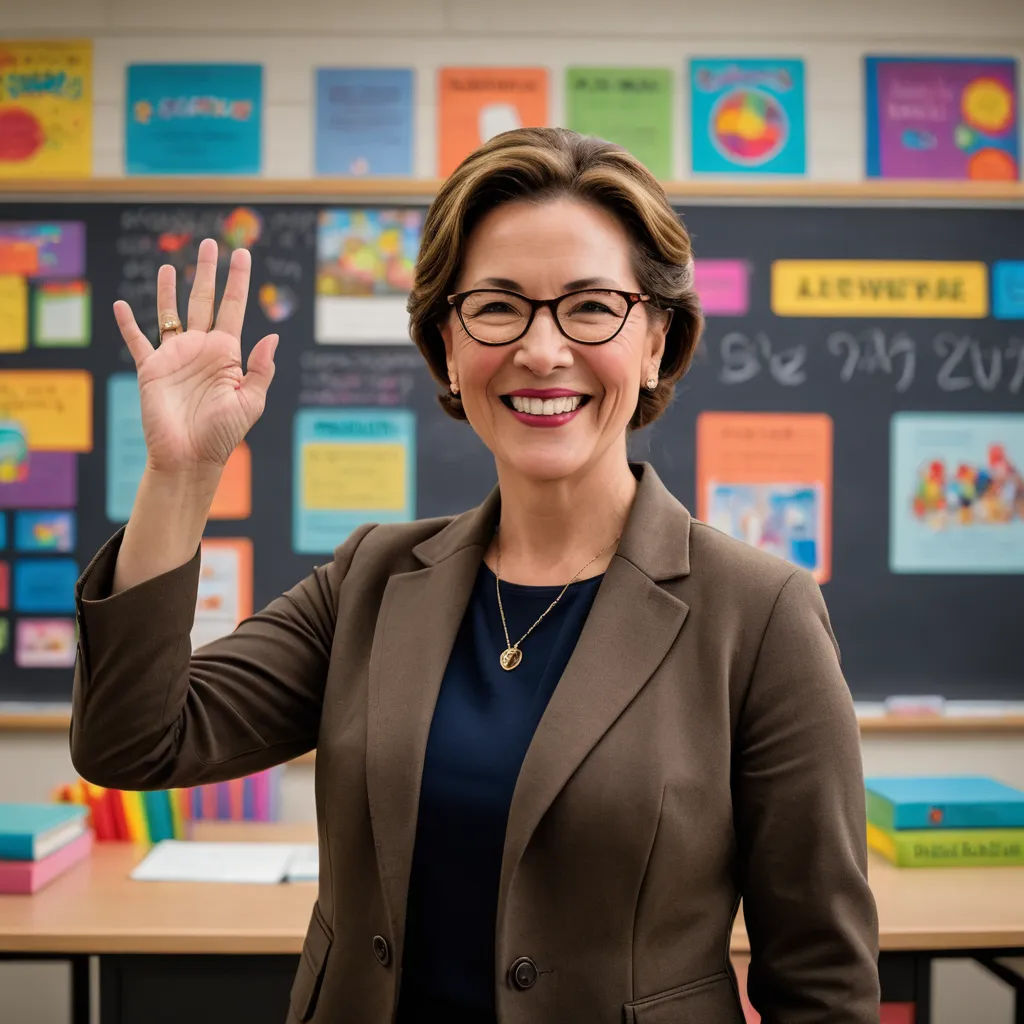 a woman in a brown jacket and glasses is waving her hand up in front of a bulletin board with colorful posters, vancouver school, a character portrait, Adrienn Henczné Deák, promotional image