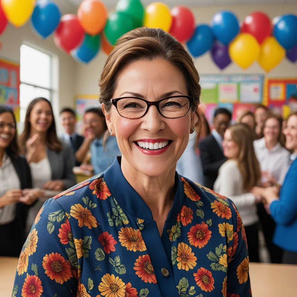 a woman with glasses smiling in front of a group of people in a classroom with balloons in the background, arbeitsrat für kunst, a stock photo, Barbara Greg, promotional image