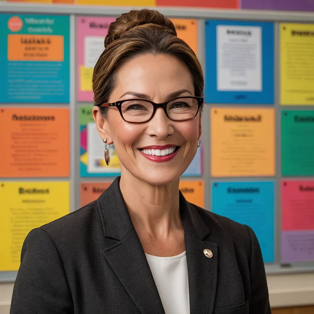 a woman in a suit and glasses standing in front of a bulletin board with colorful notes on it and a smile, northwest school, a character portrait, Brigette Barrager, promotional image