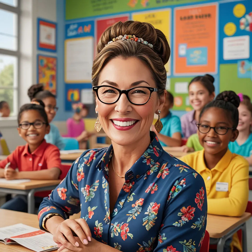 a woman in a classroom with children smiling for the camera and a teacher in the background smiling for the camera, american barbizon school, a stock photo, Amy Weber, promotional image