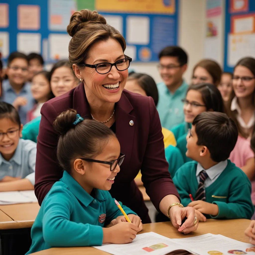 a woman in a classroom with a group of children and a teacher smiling at her with a pencil in her hand, heidelberg school, a stock photo, Brigette Barrager, promotional image
