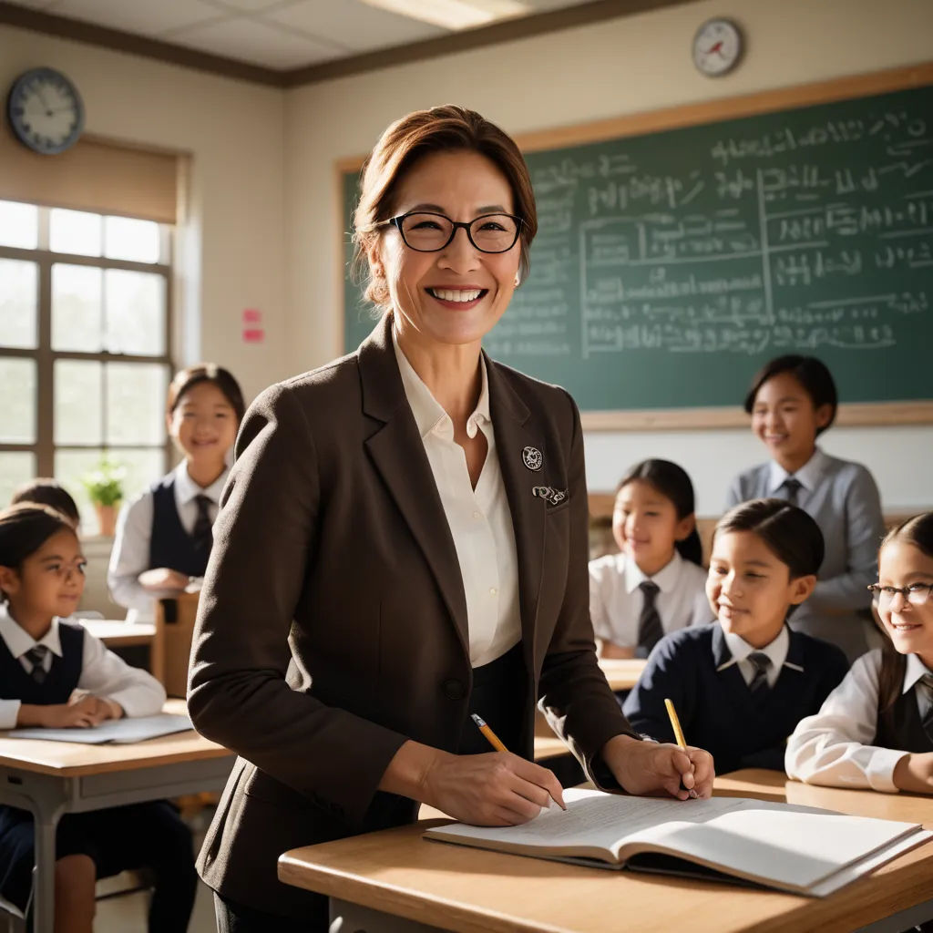 a woman standing in front of a classroom full of students with a book and pencil in her hand and a clock on the wall, heidelberg school, a stock photo, Byeon Sang-byeok, promotional image