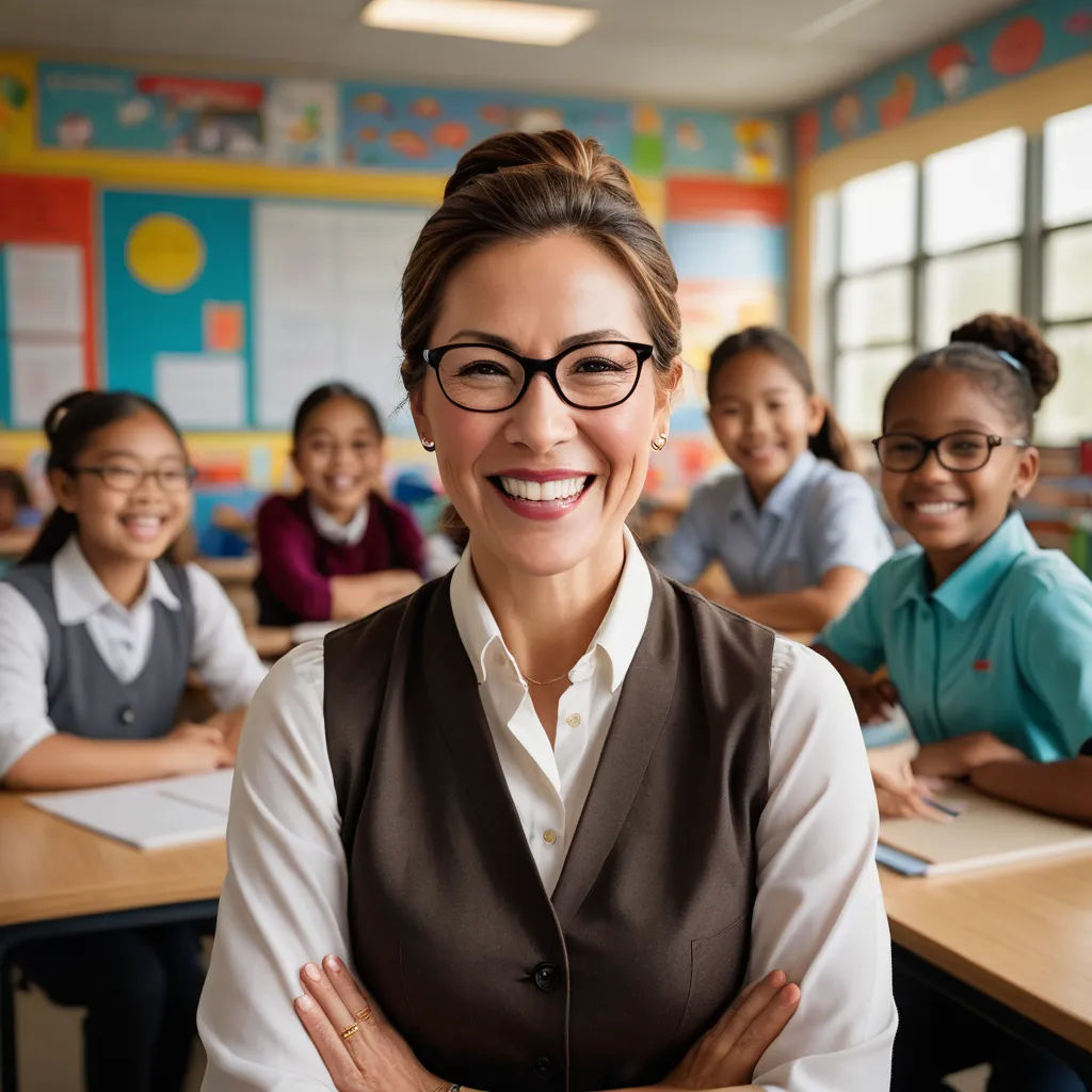 a woman in a classroom with her arms crossed smiling for the camera with other children behind her and a teacher in the background, heidelberg school, a stock photo, Constant Permeke, glasses