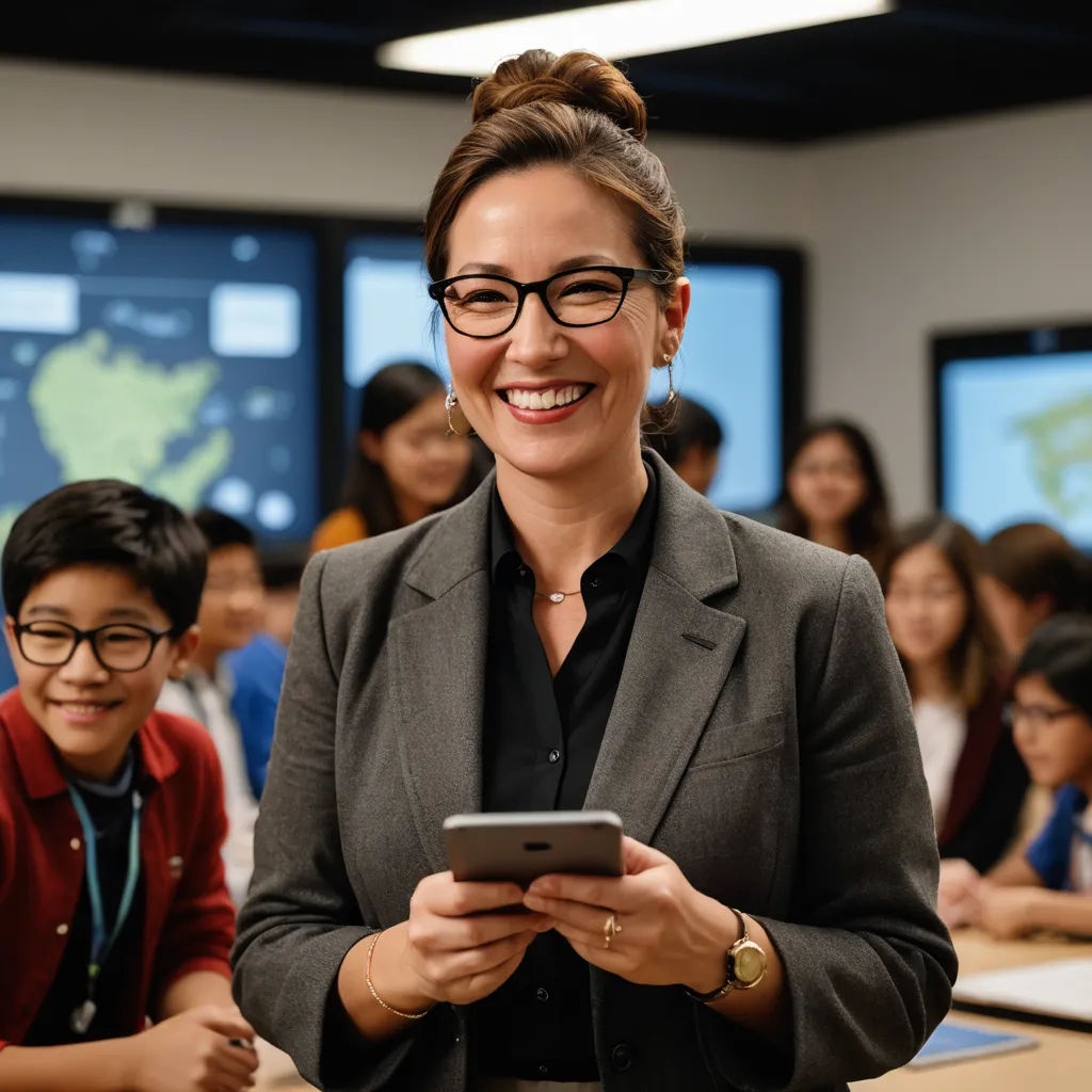 a woman in a suit and glasses holding a cell phone in front of a group of children in a classroom, heidelberg school, a stock photo, Cui Bai, promotional image