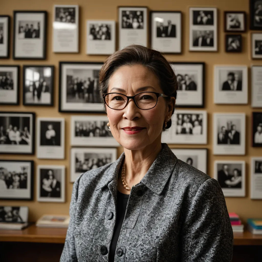 a woman in glasses standing in front of a wall of framed pictures and photos on the wall behind her, private press, a character portrait, Chizuko Yoshida, professional photo