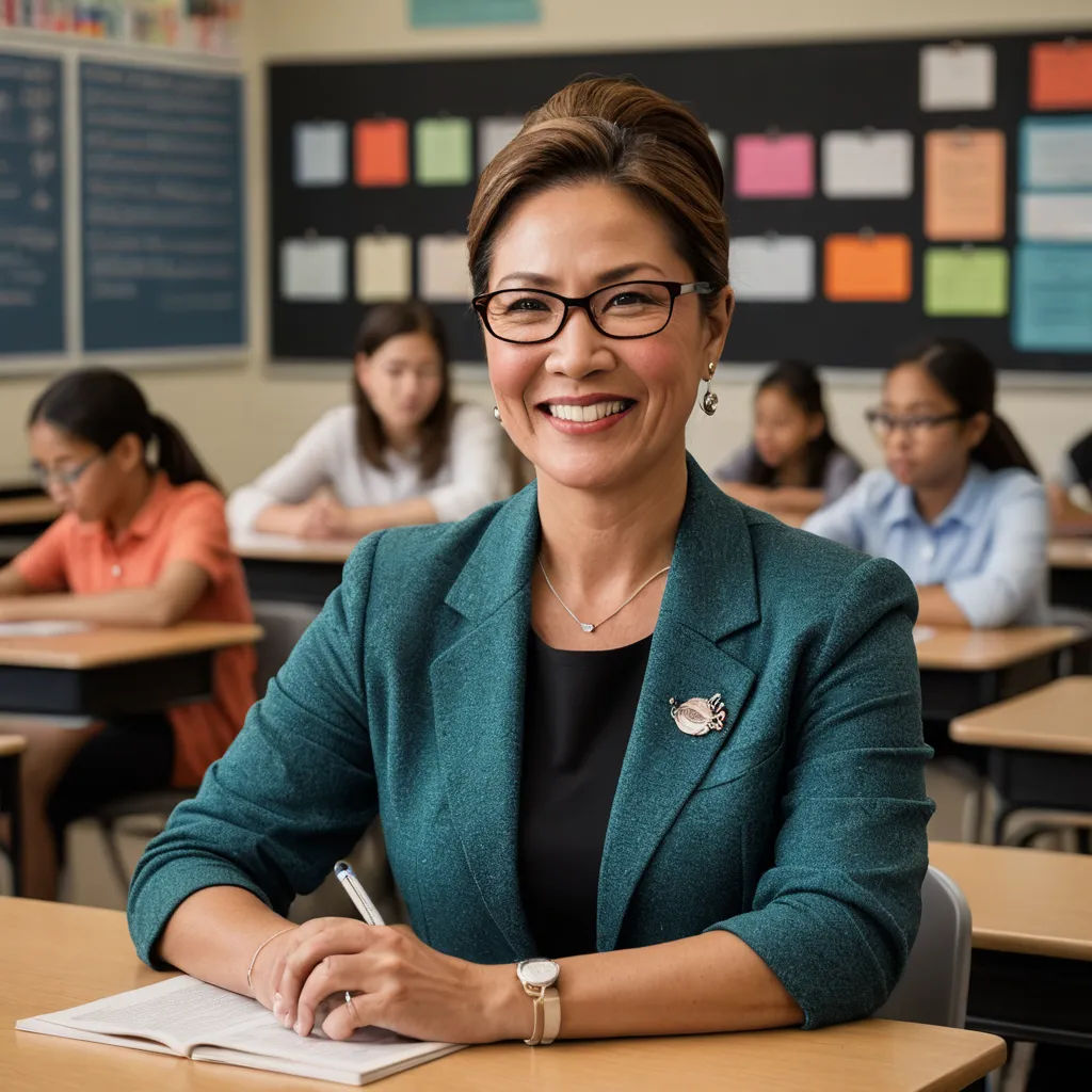 a woman sitting at a desk in a classroom with other students in the background smiling at the camera with a pen in her hand, northwest school, a character portrait, Brigette Barrager, johnson ting