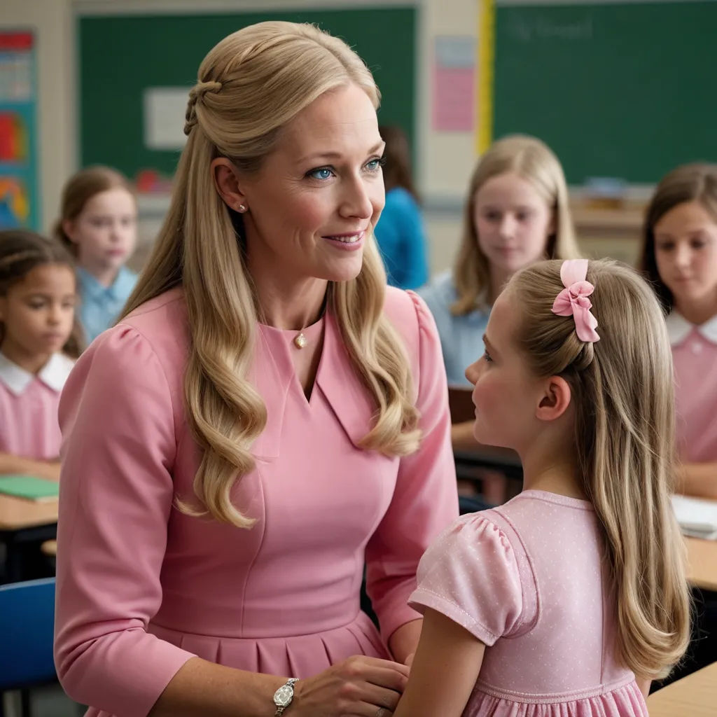 a woman and a girl in a classroom with other children in the background and a teacher in the foreground, vancouver school, a character portrait, Caroline Lucy Scott, promotional image