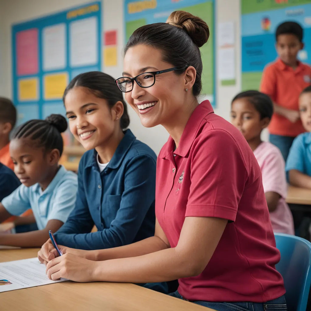 a woman sitting at a desk with a group of children in the background smiling at the camera with a pen in her hand, northwest school, a stock photo, Bourgeois, promotional image