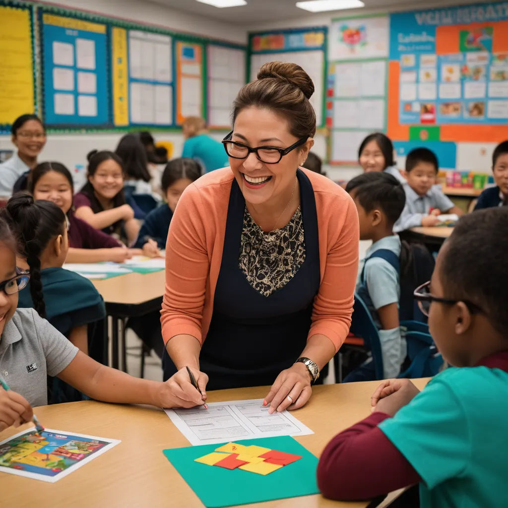a woman smiles as she sits at a table with children in a classroom with a book and a picture, heidelberg school, a stock photo, Art & Language, johnson ting