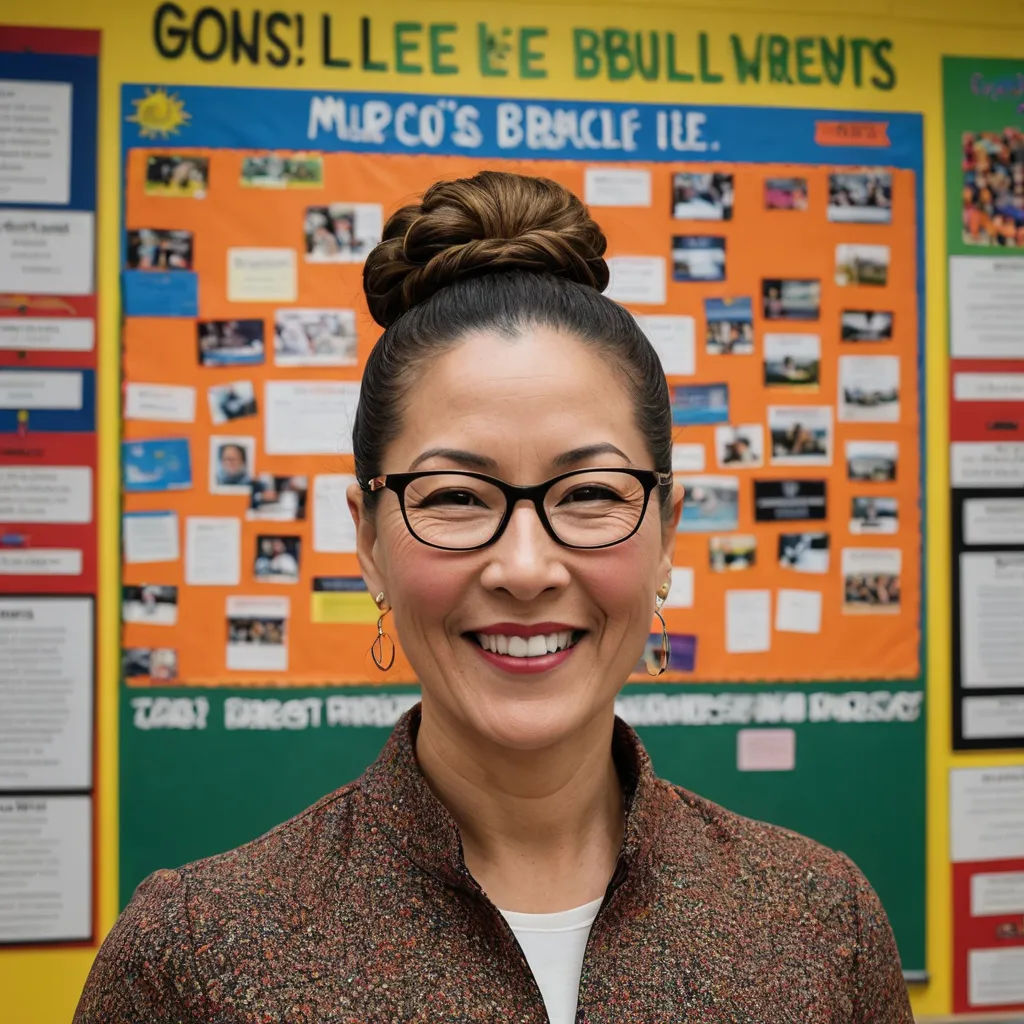 a woman with glasses standing in front of a bulletin board with pictures on it and a bun in her hair, vancouver school, a character portrait, Chen Lu, johnson ting