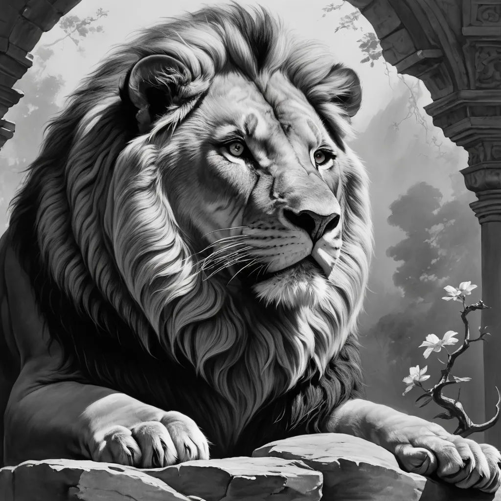 a lion is sitting on a rock in a cave with a tree in the background and a sky background, fantasy art, an ambient occlusion render, Anne Stokes, highly detailed digital painting