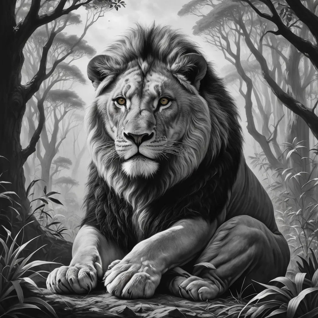 a lion laying down in the middle of a forest with trees and bushes around it, with a yellow eyes, fantastic realism, an airbrush painting, Ed Binkley, highly detailed digital painting