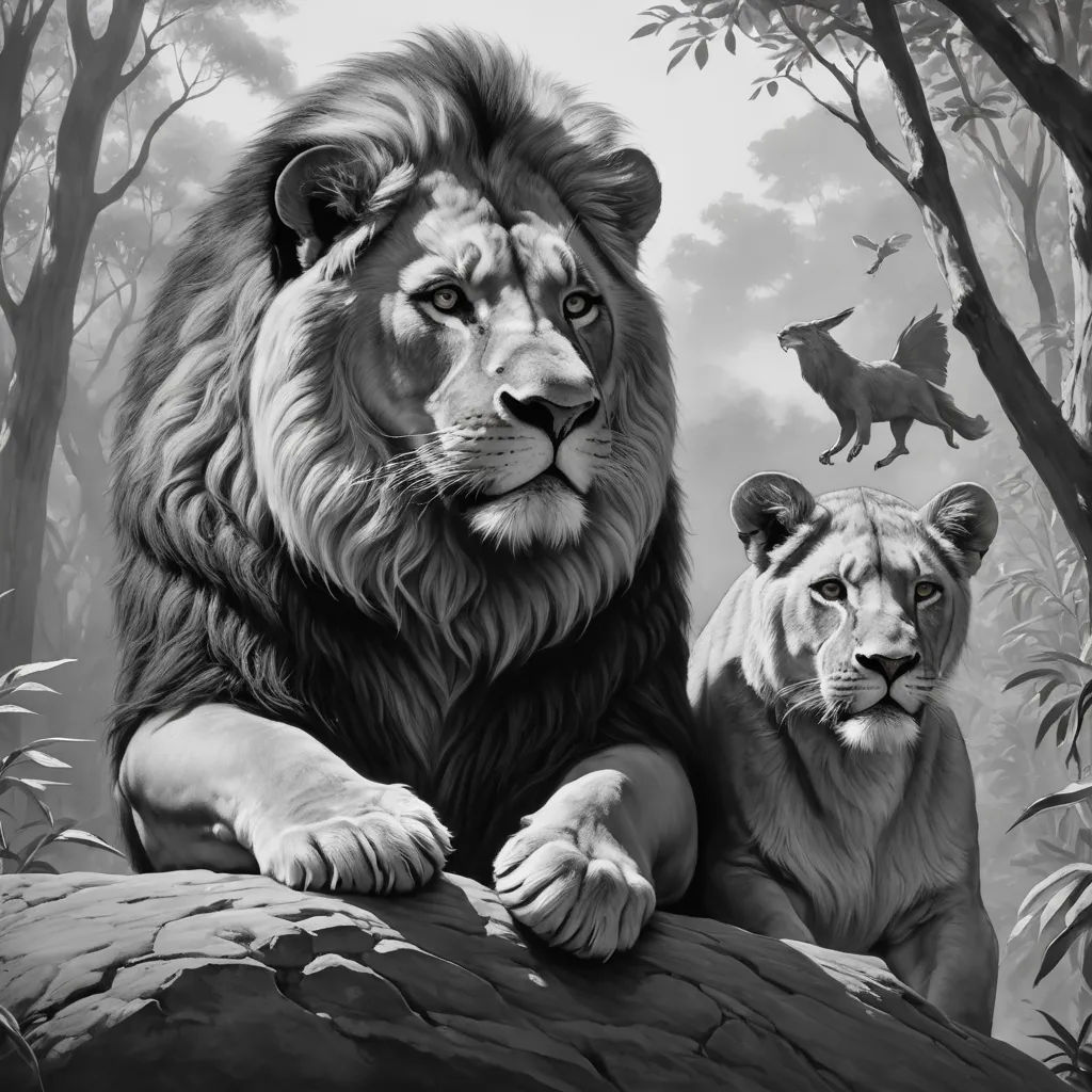 a lion and a lioness sitting on a rock in a forest with other animals in the background, black and white, naturalism, an airbrush painting, Anne Stokes, highly detailed digital painting