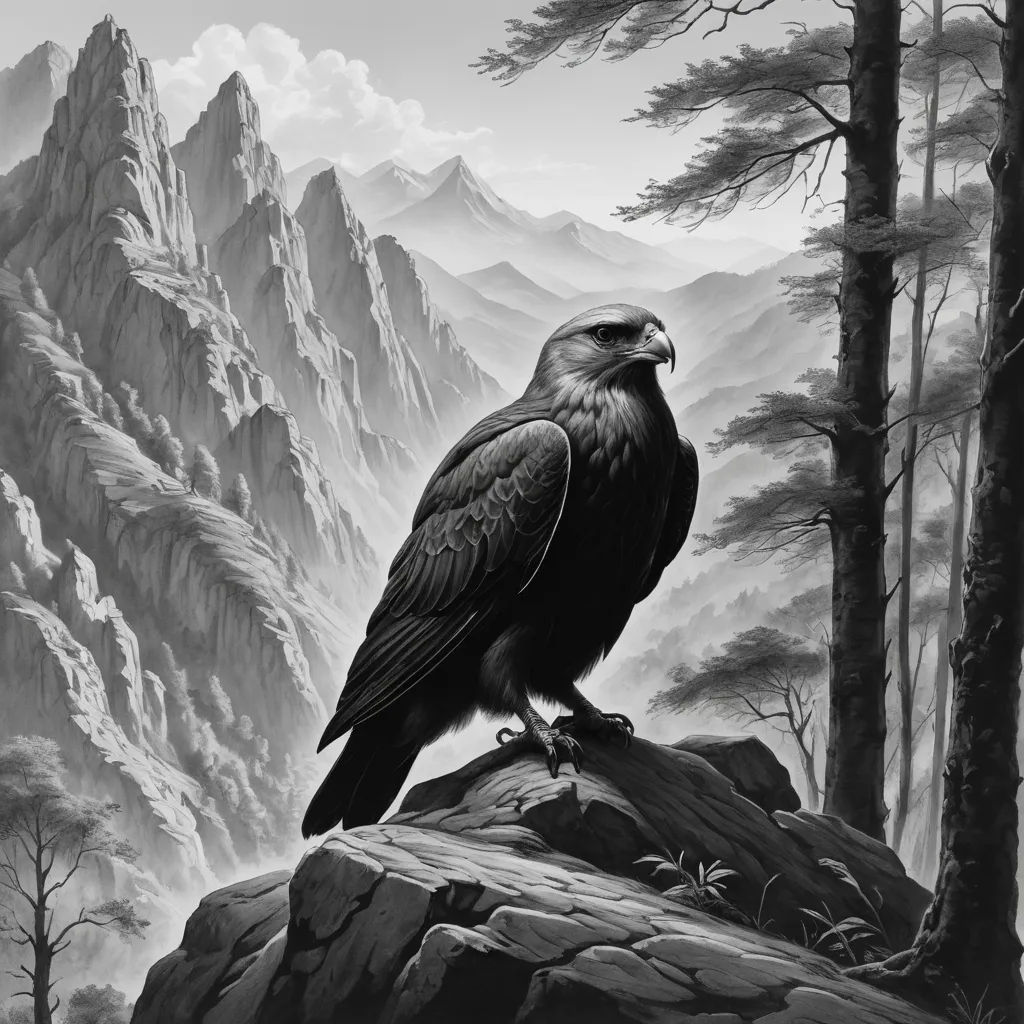 a black and white painting of a bird on a rock in a mountain landscape with pine trees and mountains, gothic art, an ultrafine detailed painting, Anne Stokes, matte fantasy painting