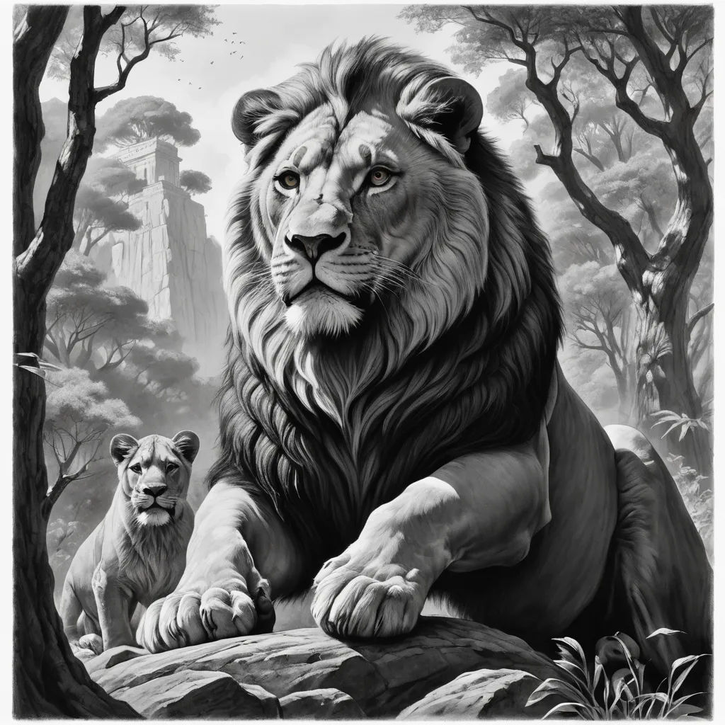 a lion and a cub are sitting on a rock in the woods, with trees and rocks in the background, photorealism, an airbrush painting, Brothers Hildebrandt, highly detailed oil painting