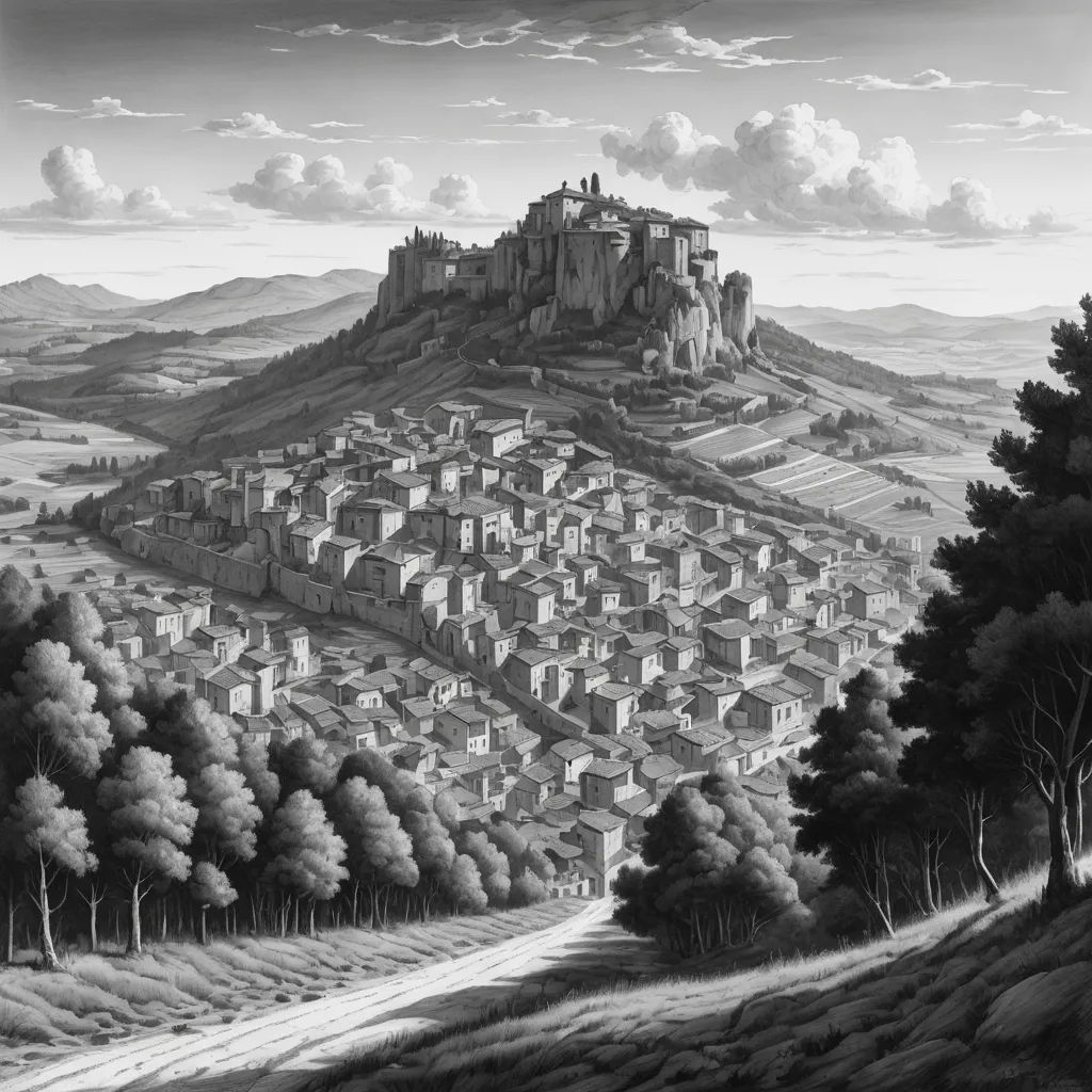 a drawing of a city on a hill with trees and hills in the background, and a sky with clouds, modern european ink painting, a detailed matte painting, Edward Sorel, matte painting