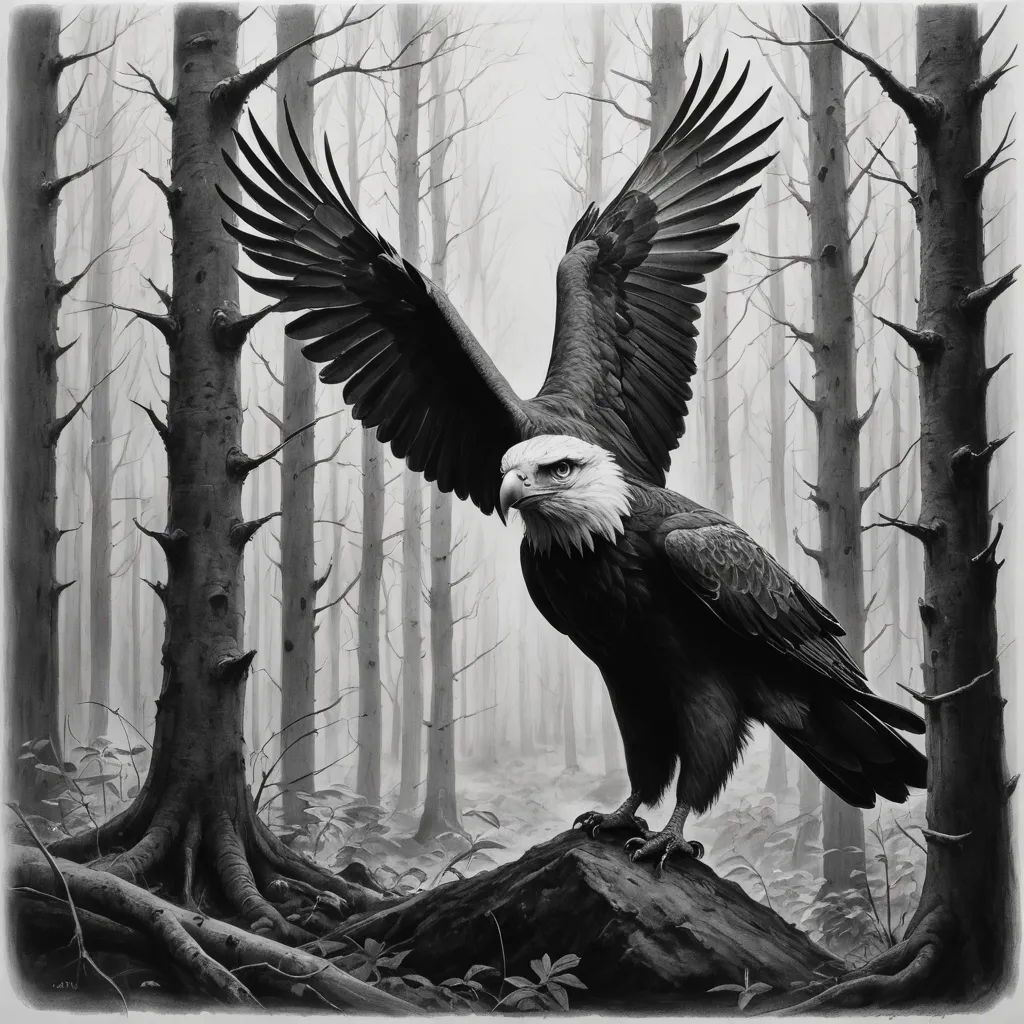 a black and white photo of a bald eagle on a log in a forest with trees and fog in the background, naturalism, a charcoal drawing, Ed Binkley, highly detailed digital art