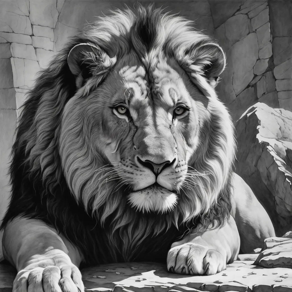 a black and white drawing of a lion laying down on a rock wall with his eyes closed and his paw resting on the ground, photorealism, an airbrush painting, David Palumbo, highly detailed oil painting