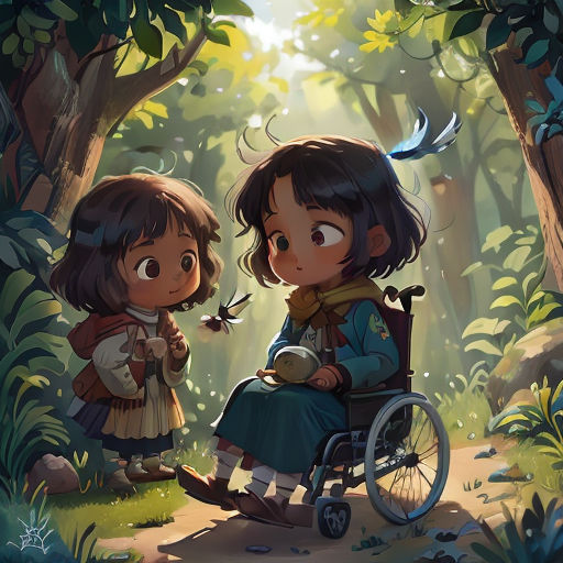 two children in a forest with a bird flying above them and a person in a wheel chair in the foreground