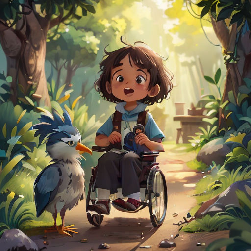 a girl in a wheel chair with a bird on the ground next to her and a bird on the ground