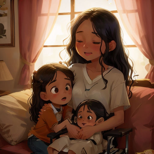 a woman sitting on a couch with two children in her lap and a window behind her, with a curtain behind her