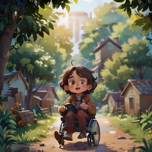 a boy riding a bike down a dirt road next to a forest filled with trees and houses on a sunny day